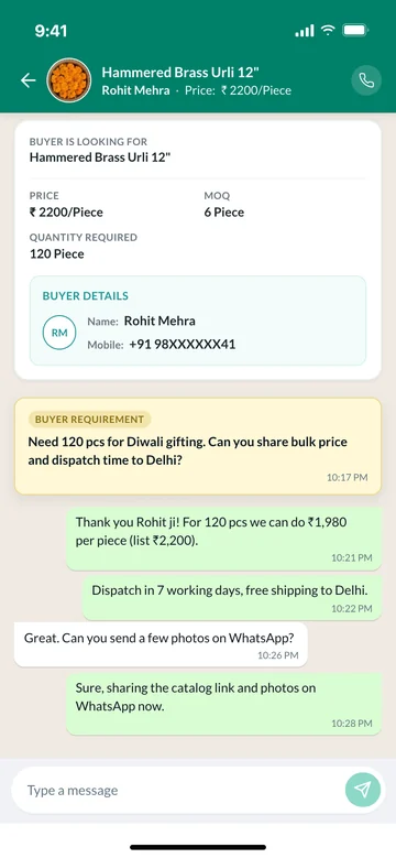 Replying to a buyer inquiry chat about a bulk brassware order from the WebCatalog dashboard on mobile