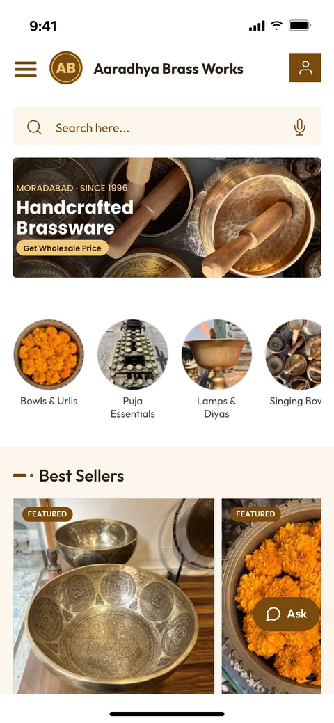 A brassware catalog storefront on WebCatalog, as a buyer sees it on mobile